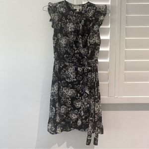 Monteau V neck mini black and white floral Wrap Tie Side Dress,